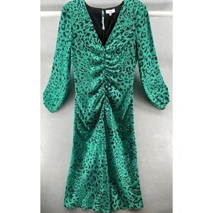 NWT NSR Dress Women’s Medium Green Black Cheeta Midi Long Sleeve Runched